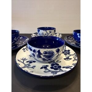 Williams Sonoma Japanese Garden Blue White Bowl Plate Sets Set of 4